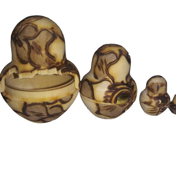 VTG MATRYOSHKA Gold Hand Painted Wood Burned Russian Nesting Dolls Set of 9 - Picture 7 of 12